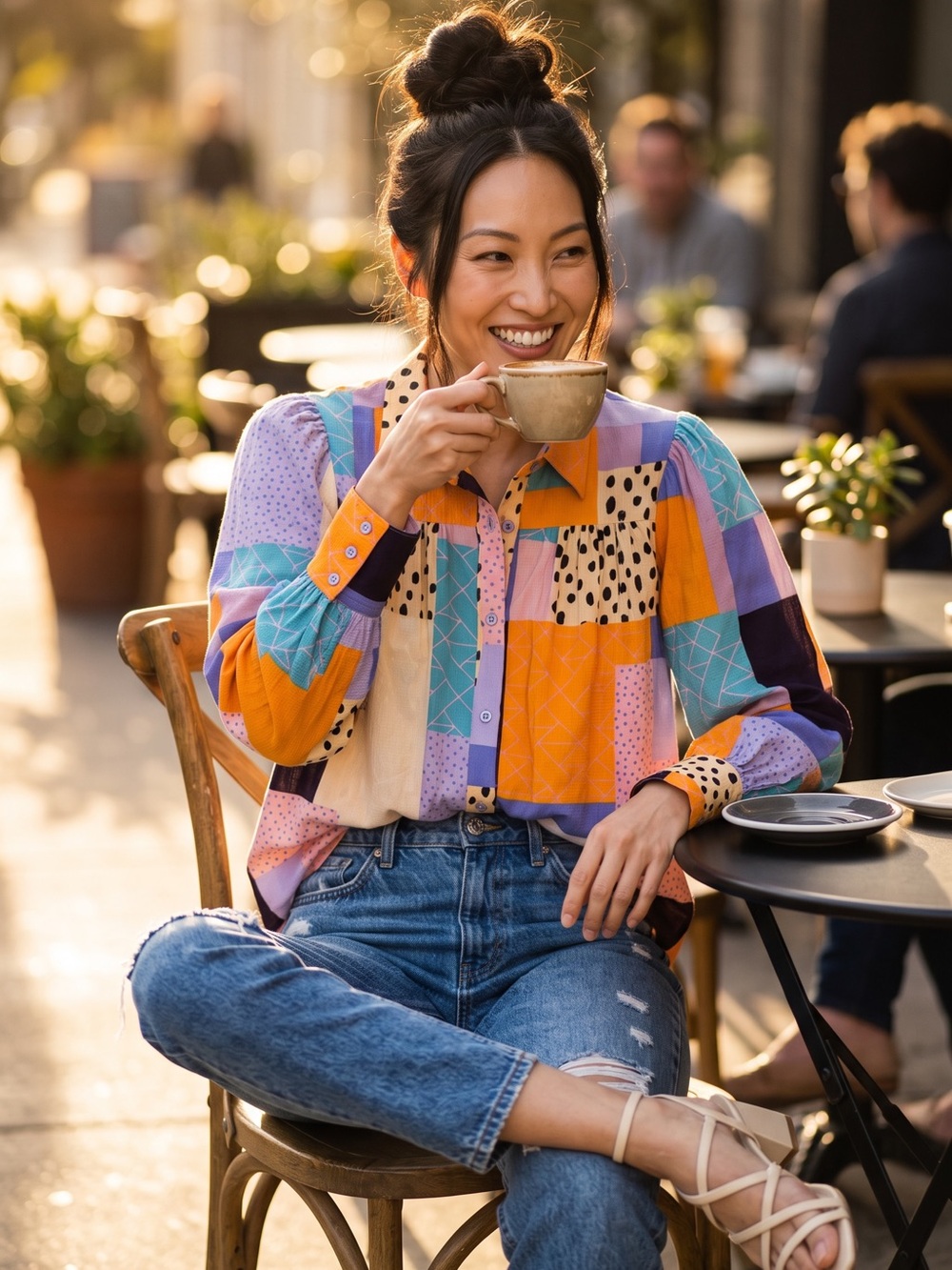 Fate Multicolor Patchwork Button-Down Shirt with Orange & Purple Accents
